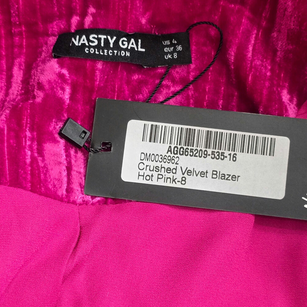 Womens NWT Nasty Gal Crush Hot Pink Velvet Suit Set Blazer US 4, Pants US 6 - Picture 5 of 10